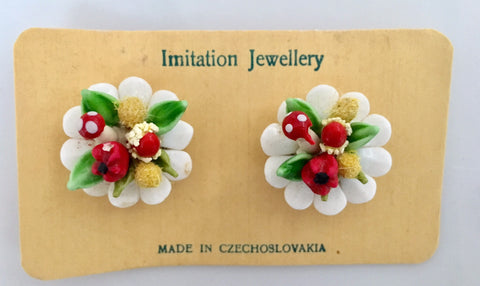 Vintage Czech clip on earrings glass floral bunches - Accessories Of Old
