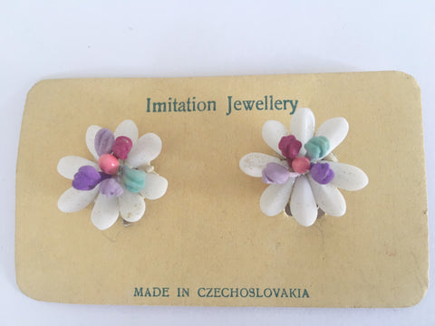 Vintage Czech clip on floral glass earrings - Accessories Of Old